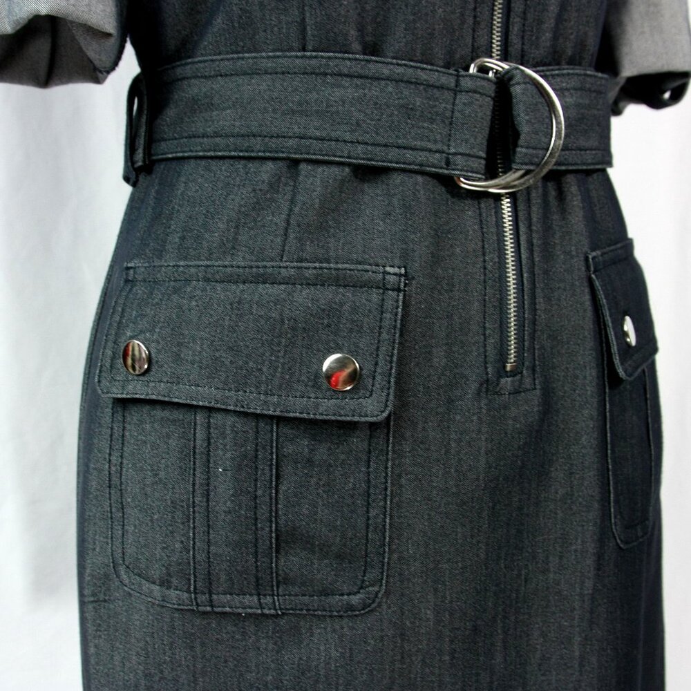 Sharagano Petite Zip Front Belted Pockets Chambray Shirtwaist Dress 4P 70s Style - Picture 5 of 11